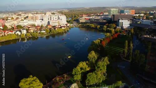 Drone shot of Cluj-Napoca city. Lulius park, Mall and skyline. Romania. photo