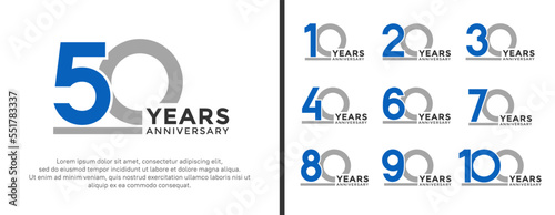 set of anniversary logo style flat blue and grey color for celebration