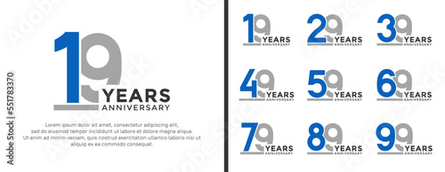 set of anniversary logo style flat blue and grey color for celebration