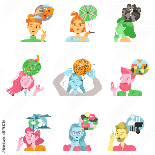 People Characters with Different Types of Thinking and Mindset Models Vector Set
