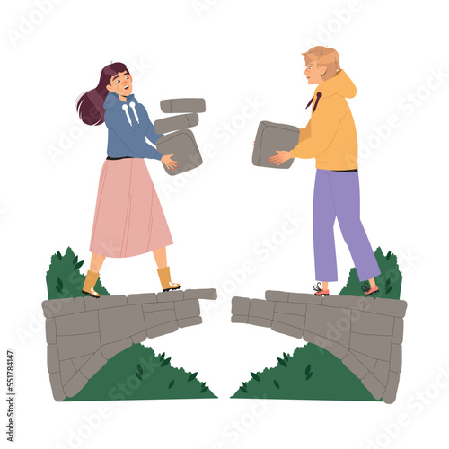 Man and Woman Characters Carrying Stone Building Bridge Having Connections with Each Other Engaged in Social Interaction Vector Illustration