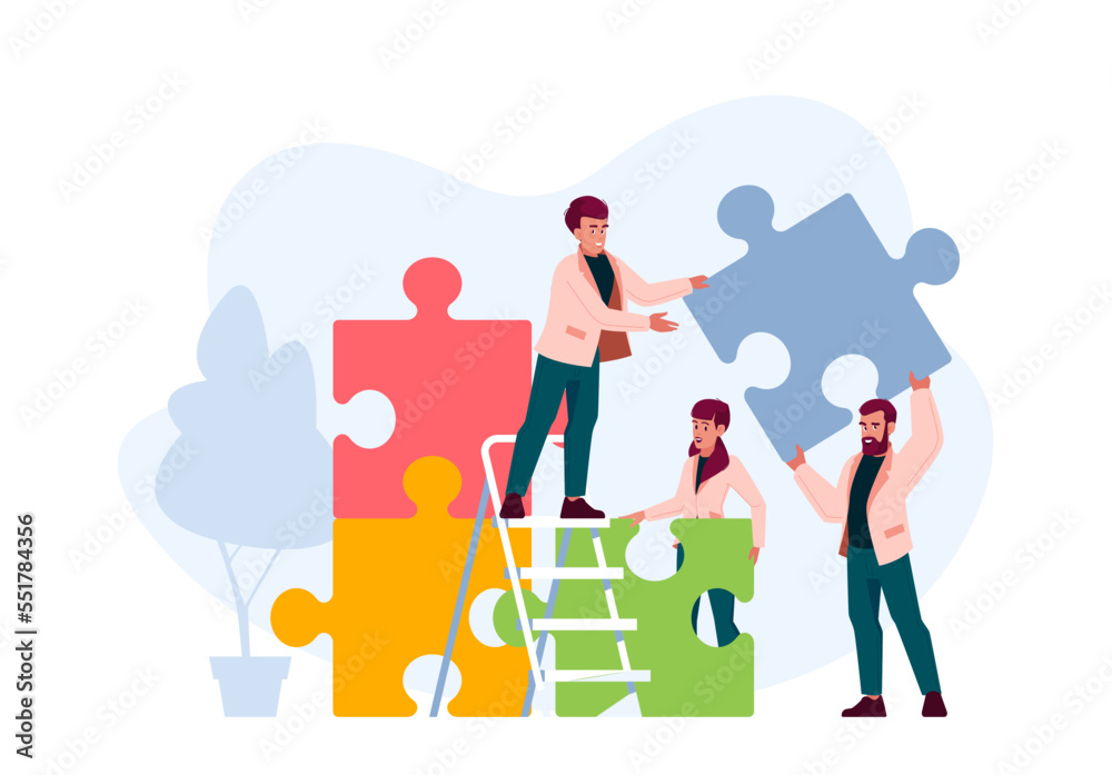 Businesspeople Teamwork, Office People Group Stand on Ladder Together Set Up Huge Colorful Separated Puzzle Pieces