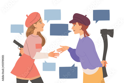 Woman Characters Handshaking Hiding Pistol and Axe Behind Having Connections with Each Other Engaged in Social Interaction Vector Illustration