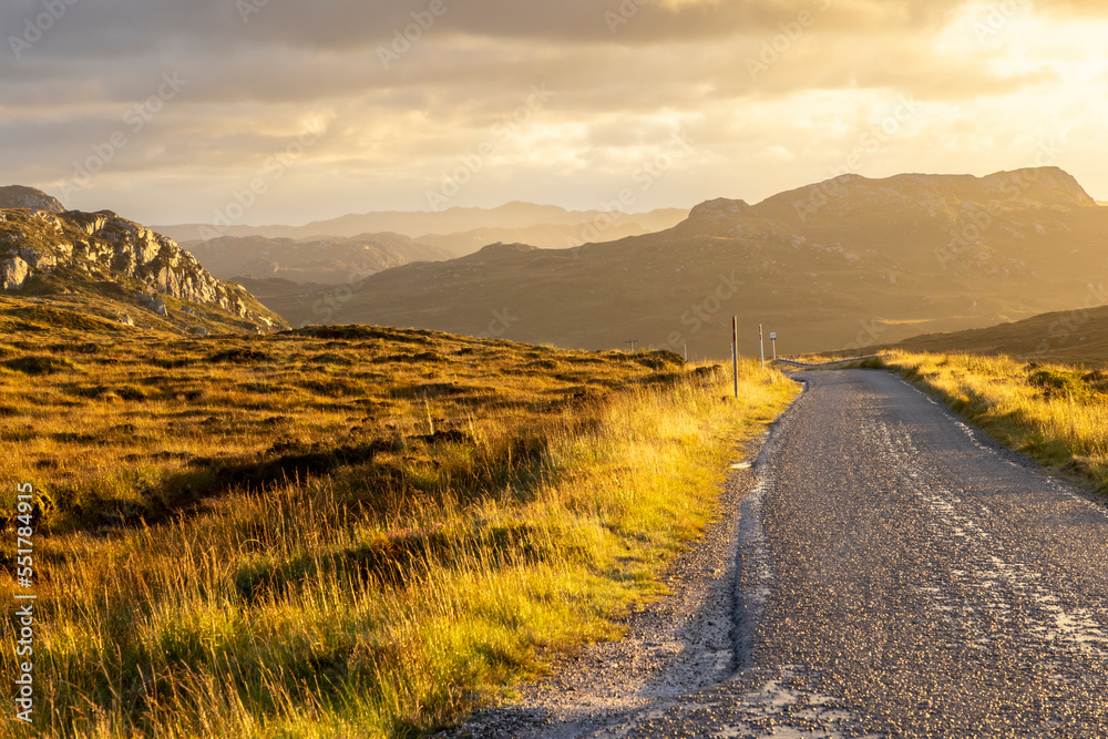 Highland road near Sangomore on the northern coast of the Sutherland district in Highland Council Area. The settlement of Sangomore lies immediately to the southeast of Durness