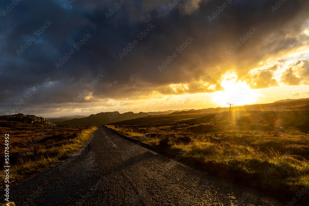Highland road near Sangomore on the northern coast of the Sutherland district in Highland Council Area. The settlement of Sangomore lies immediately to the southeast of Durness