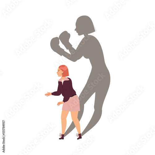 Woman Character Handshaking with Her Shadow Boxing Behind Having Connection with Somebody in Social Interaction Vector Illustration