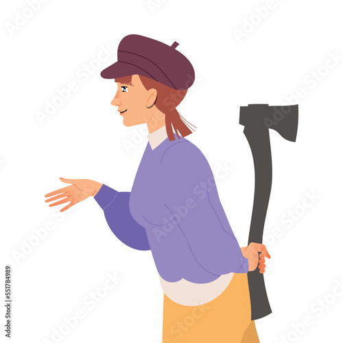 Woman Character in Beret Handshaking Hiding Axe Behind Having Connections with Somebody in Social Interaction Vector Illustration