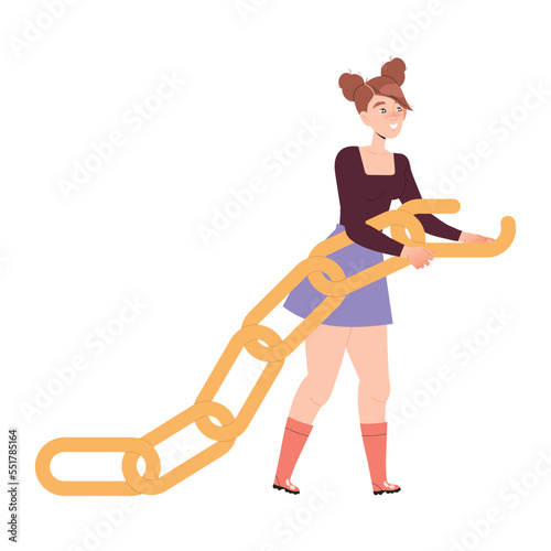 Woman Character Joining Chain Part Having Connection with Somebody in Social Interaction Vector Illustration