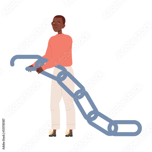 Man Character Joining Chain Part Having Connection with Somebody in Social Interaction Vector Illustration