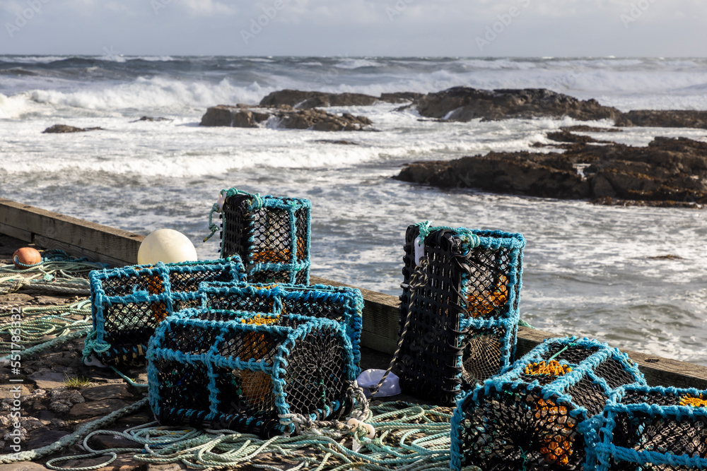 Lobster pots in Rosehearty harbor on the north coast of Scotland