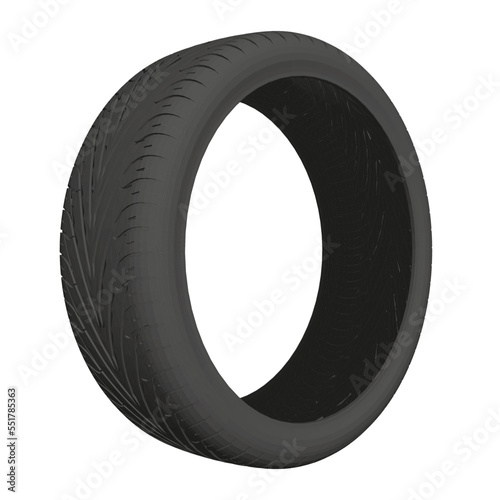Polygonal model of a car tire from black lines isolated on a white background. Side view. 3D. Vector illustration.