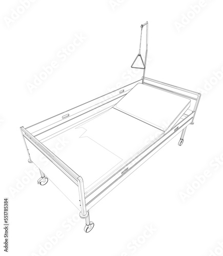 Outline of a hospital bed from black lines isolated on a white background. Perspective view. 3D. vector illustration.