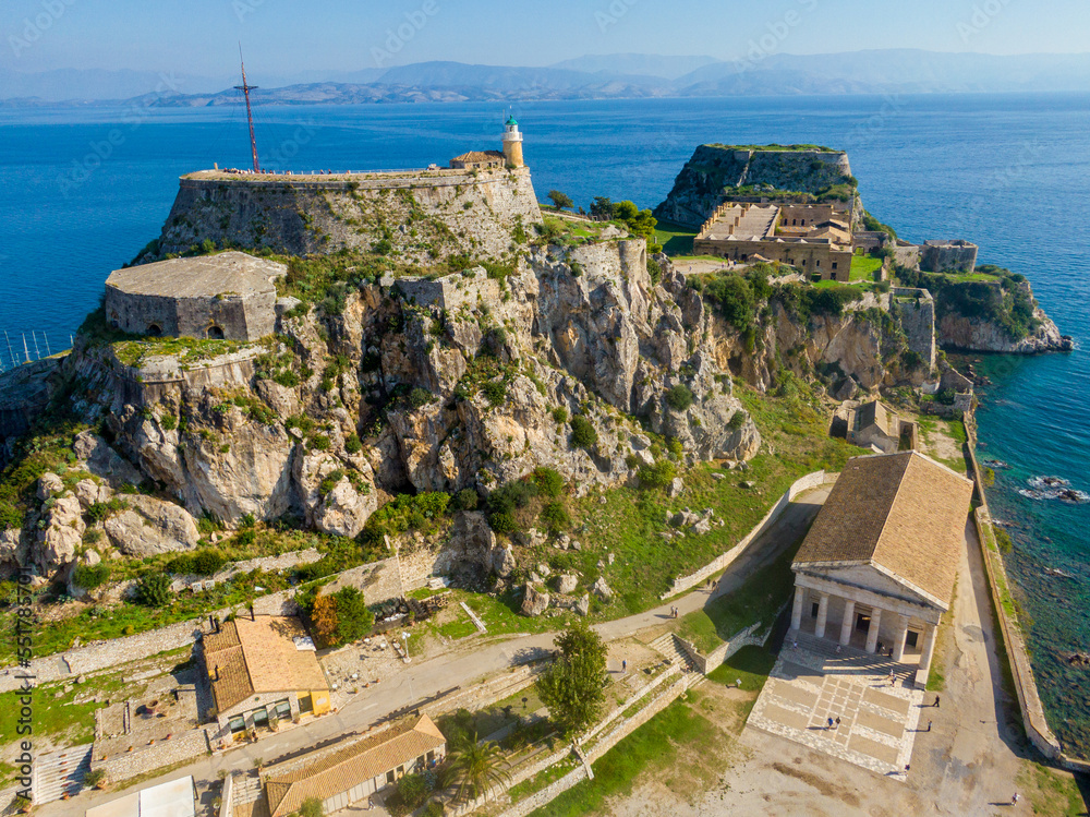 Aerial drone close up view from old fortress in Corfu island, Greece