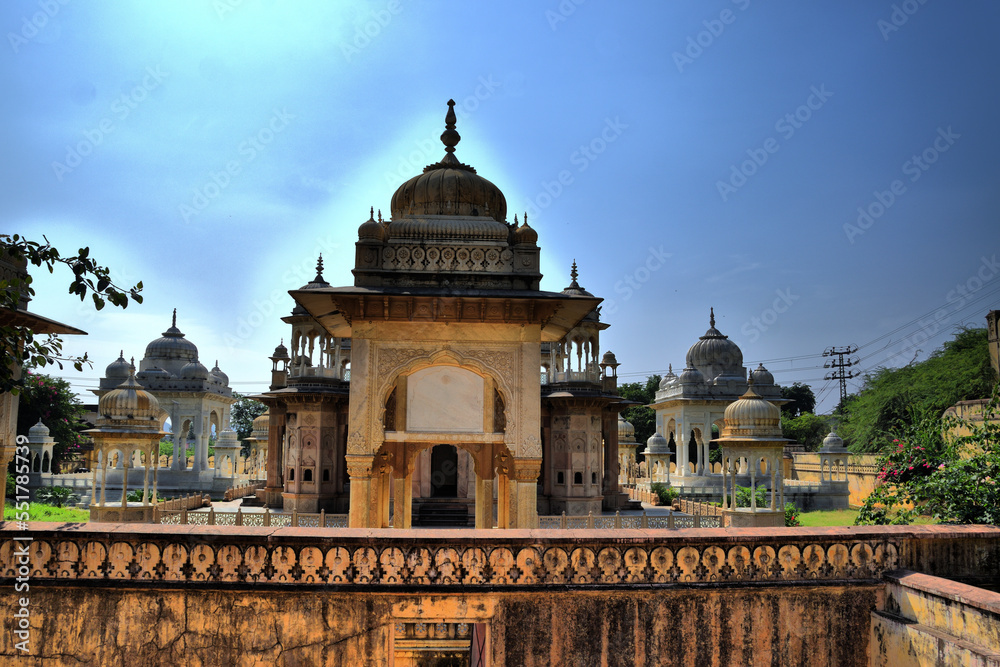 View of the main monuments and tourist spots in Jaipur (India), in the state of Rajasthan. Gaitor royal tombs. cenotaphs. Built by Maharaja Jai Singh II (18th century).