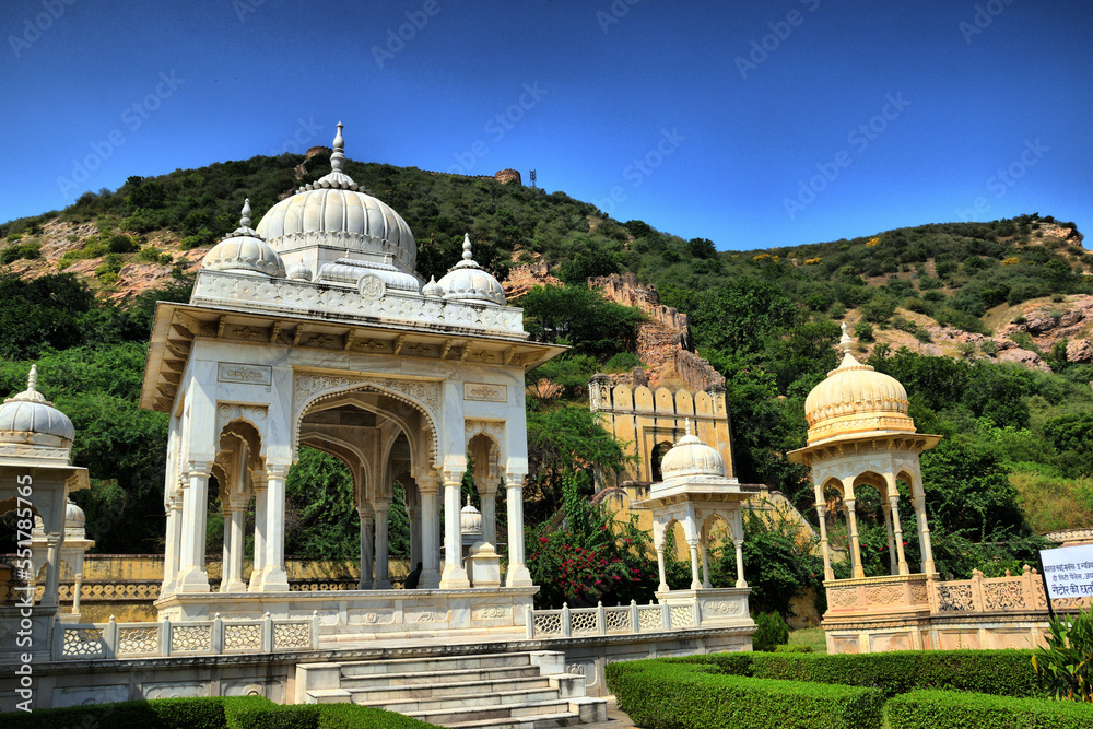 View of the main monuments and tourist spots in Jaipur (India), in the state of Rajasthan. Gaitor royal tombs. cenotaphs. Built by Maharaja Jai Singh II (18th century).