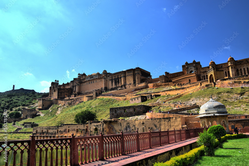 View of the main monuments and tourist spots in Jaipur (India), in the state of Rajasthan. Amber Fort. Palace complex located in Amber, 11 km from Jaipur. 