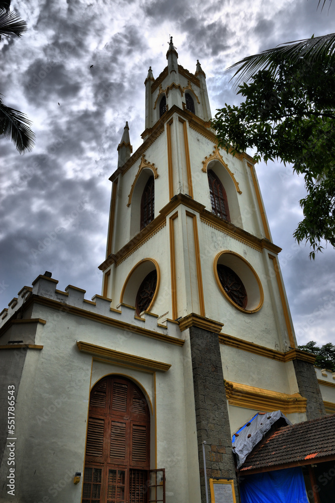 View of the main monuments and tourist spots of Mumbai (India). Colaba neighborhood. Catholic Church