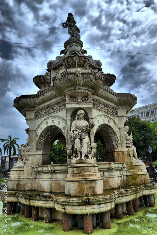 View of the main monuments and tourist spots of Mumbai (India). Colaba neighborhood. Flora fountain