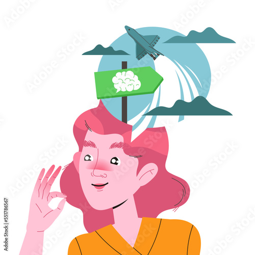 Woman Character with Spontaneous Type of Thinking with Taking Off Plane Vector Illustration