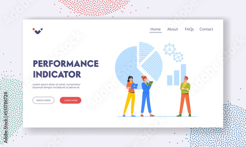 Performance Indicators Landing Page Template. Business Characters Analyzing Charts Comparing Company Development