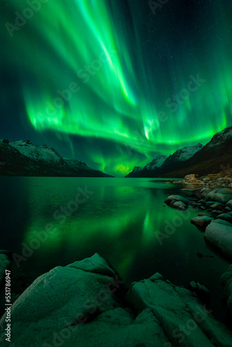 Beautiful aurora borealis reflected in Ersfjord, near Tromso, Norway photo