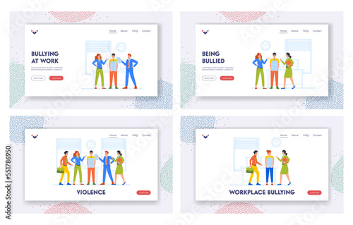 Bullying at Work Landing Page Template Set. Victim Male Character with Stack of Paper Documents in Office