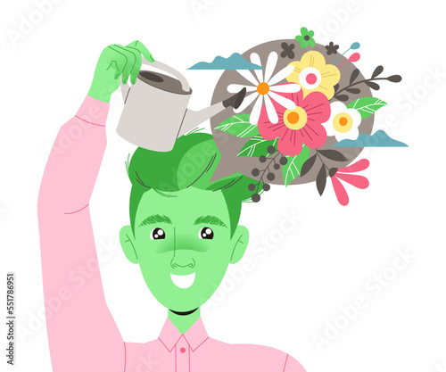 Man Character with Creative Type of Thinking Watering Flowers in His Head Vector Illustration