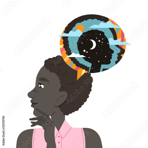 African American Woman Character with Abstract Type of Thinking and Mindset Model in Her Head Vector Illustration
