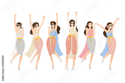 happy woman in Thai traditional songkran water festival party dance flat style