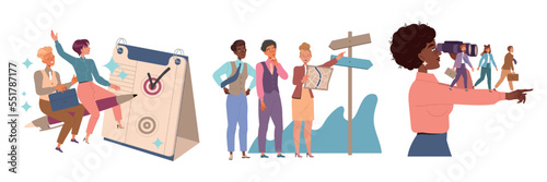 Leader Leading Team to Future Directing and Navigating with Map and Binoculars Vector Set