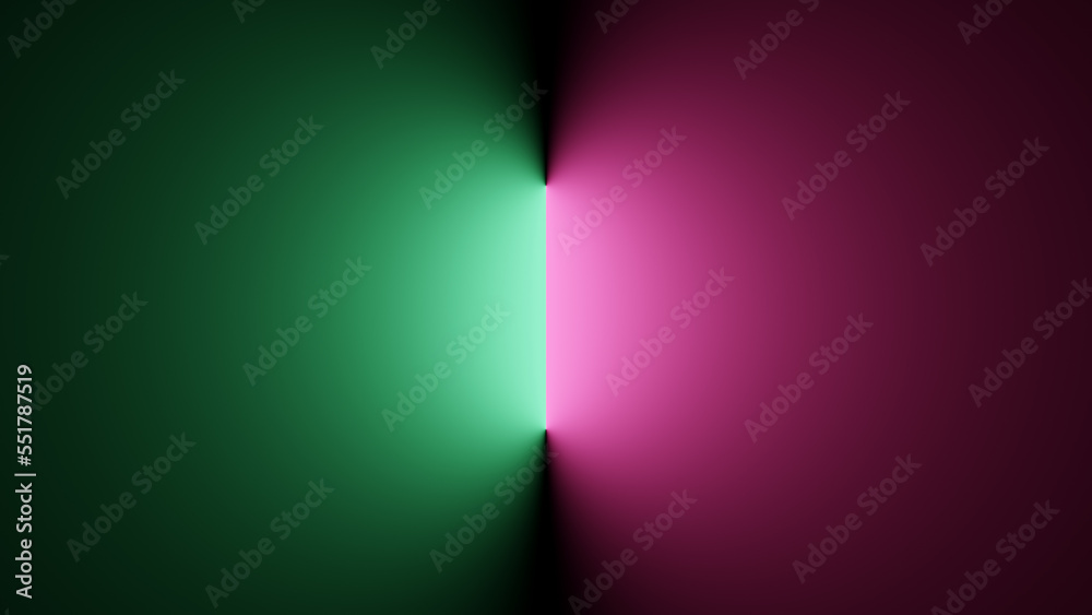 Two bright green and pink neon lights illuminating a surface, illustration of lighting effects, minimal background with copy space for text