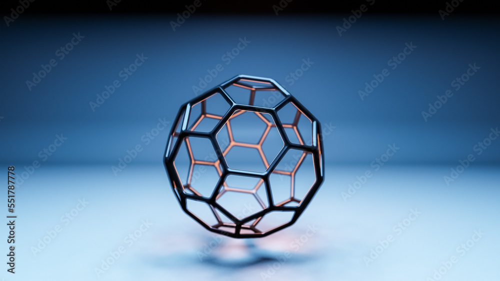 Fototapeta premium Buckminsterfullerene C60 Molecule model, allotrope of fullerene carbon atoms, round sphere with hexagonal rings or mesh, molecular 3D illustration