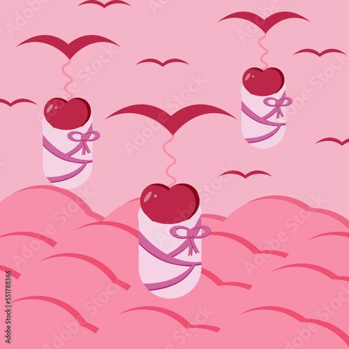 A stork carries a baby heart in a diaper against a background of pink sky and clouds. Gender party. Marketing material. Website banner for the perinatal center.