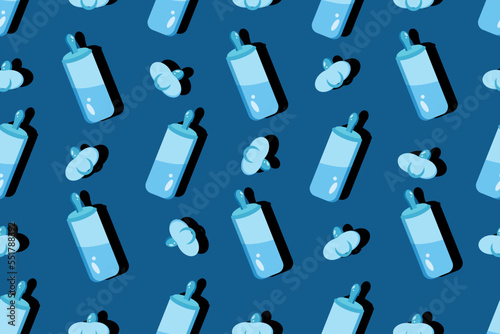 Seamless background with baby food bottle and pacifier in cut out paper style. Wallpaper for the children's room. Gender concept.