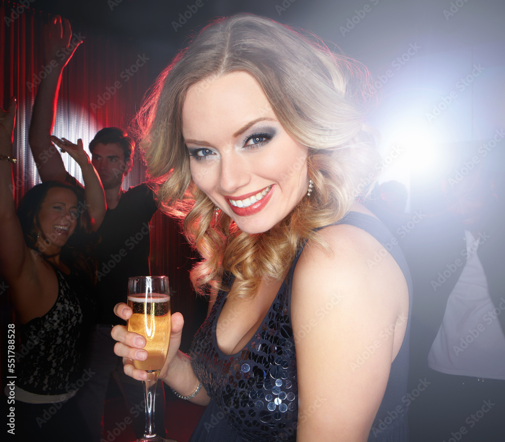 Party, champagne and portrait of woman in nightclub for celebration, new years and social event. Music, alcohol and face of happy girl enjoy festival, dance and happy hour at rave, disco and club Party, champagne and portrait of woman in nightclub for celebration, new years and social event. Music, alcohol and face of happy girl enjoy festival, dance and happy hour at rave, disco and club