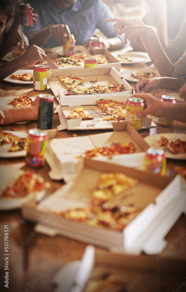Diversity, friends and pizza party at restaurant eating or soda drinks at table to celebrate summer reunion or holiday vacation. Hungry people, enjoy fast food and lunch meal at social gathering