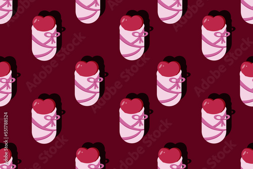 Baby heart in a diaper on pink background. Gender party. Marketing material. Website banner for the perinatal center. Wallpaper and fabric print. Seamless pattern with childbirth. 