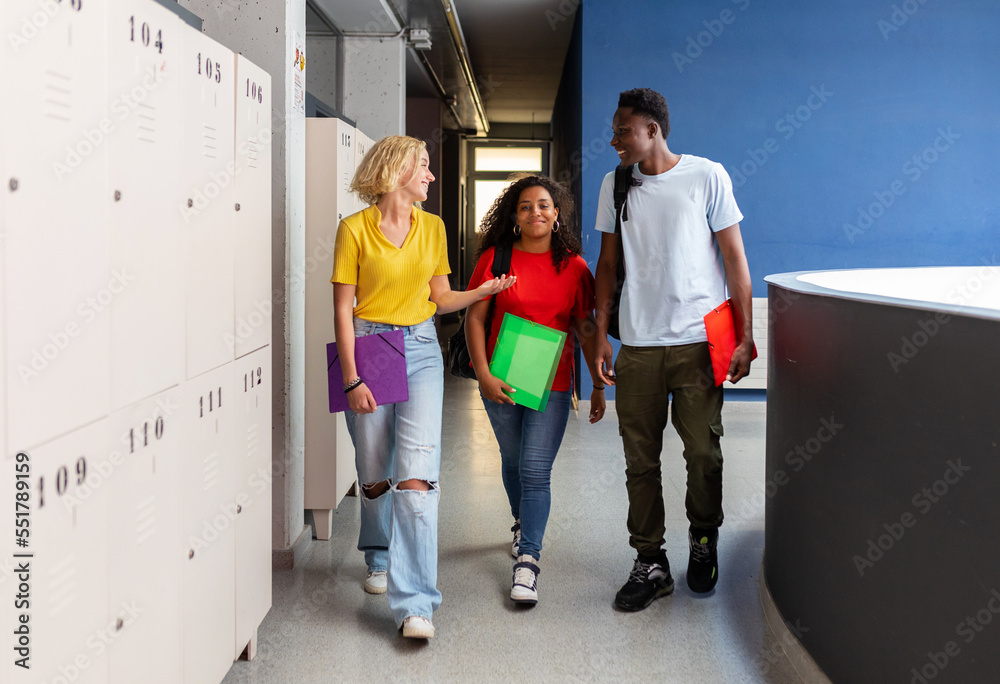 Multi-ethnic young group of students talking after classes at high school. Multicultural education lifestyle concept Multi-ethnic young group of students talking after classes at high school. Multicultural education lifestyle concept