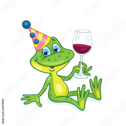 Happy birthday! Small funny frog in a festive hat sits with a glass of wine in his hand. In cartoon style. Isolated on white background. Vector illustration