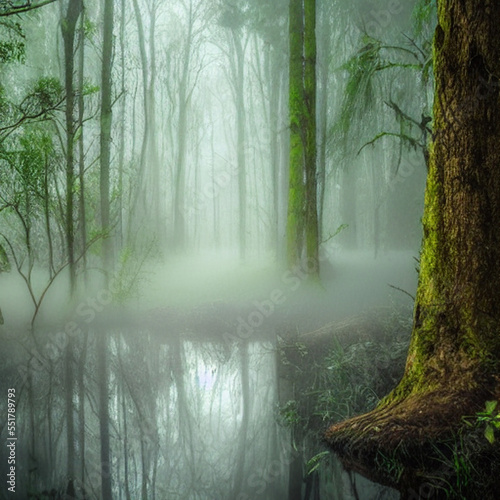 Fotobehang Mystical, foggy forest with towering trees and a babbling brook