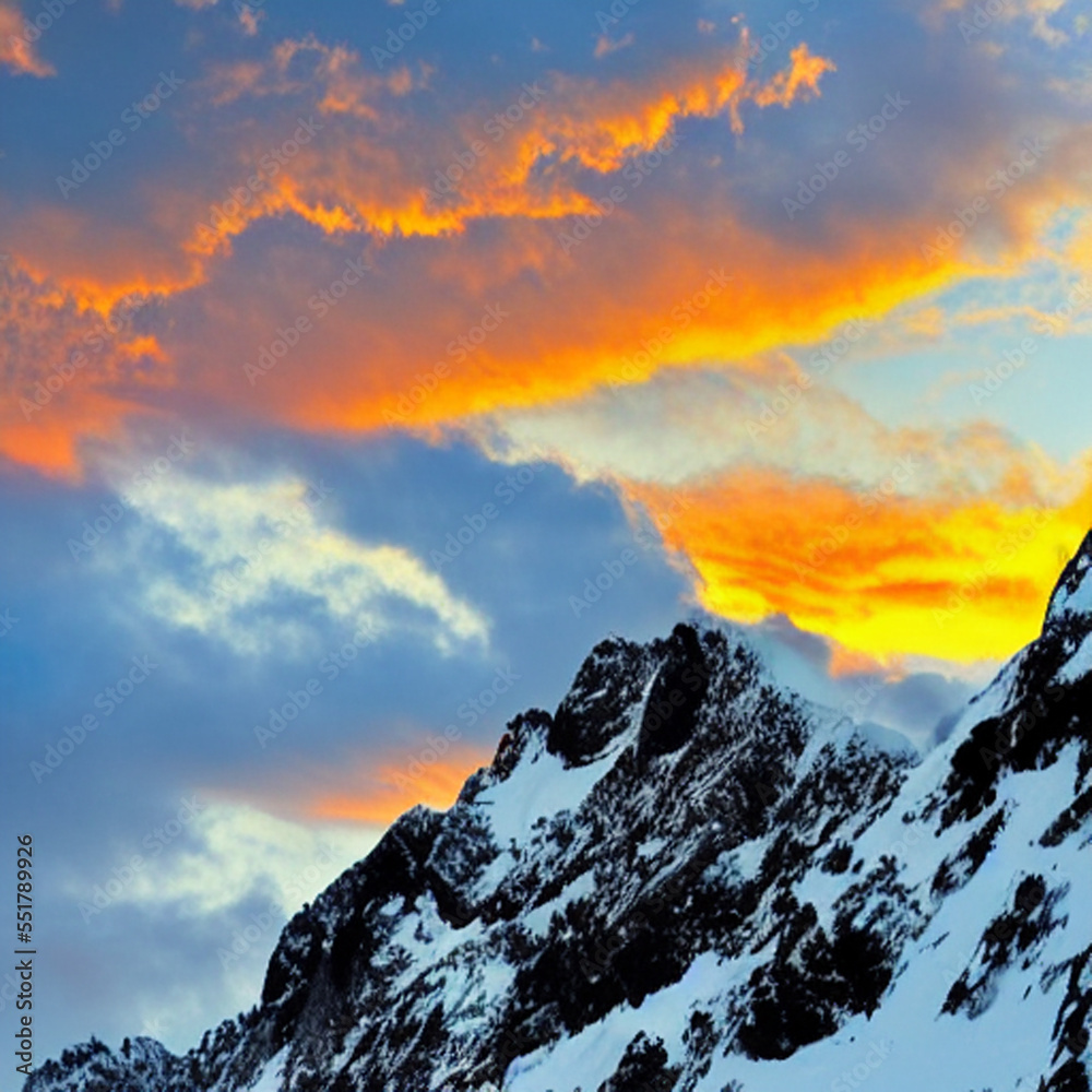 Majestic mountain peak with dramatic clouds and vibrant sunset