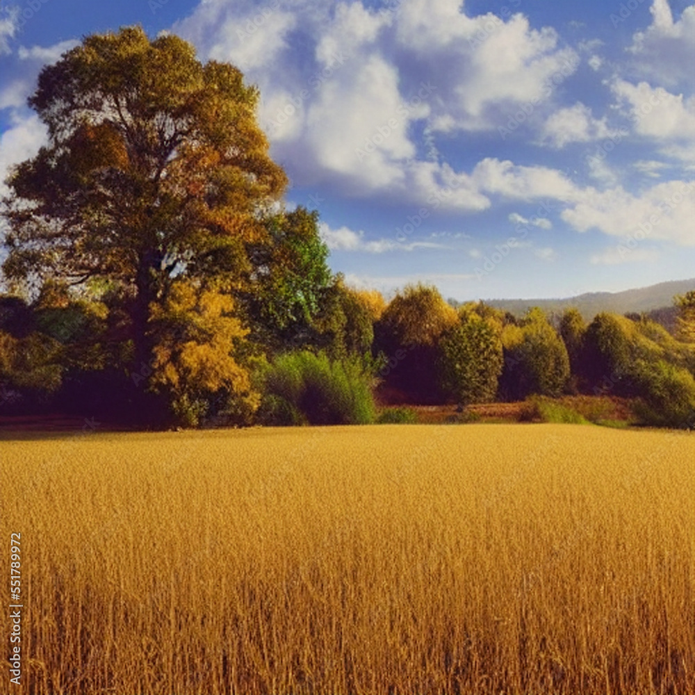 Beautiful, dreamy landscape with golden fields and a peaceful lake Beautiful, dreamy landscape with golden fields and a peaceful lake