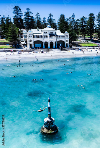 Cottesloe Beach, ocean diving of Pylon in front of the Indiana Tea house Perth Western Australia