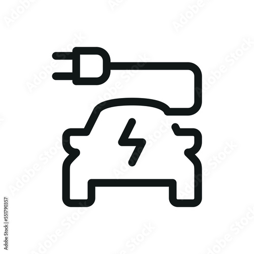 Electric car isolated icon, electric transport with lightning bolt and power plug vector icon with editable stroke
