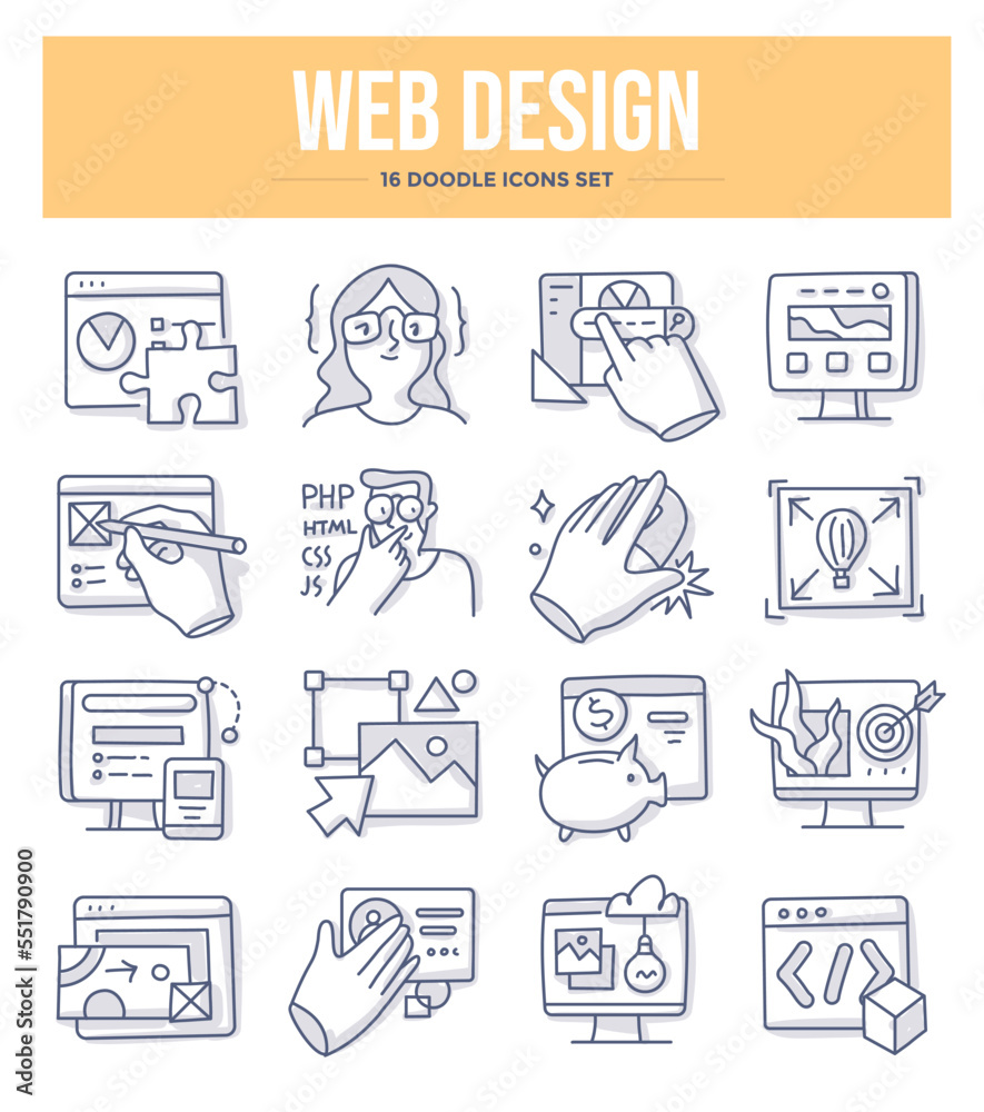 Web design icons. Collection of doodle icons. Wireframes, user ...