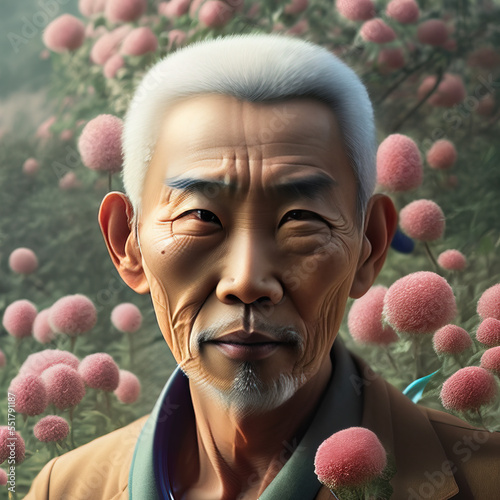portrait of an old asian male model, surrounded by flowers - AI Generated