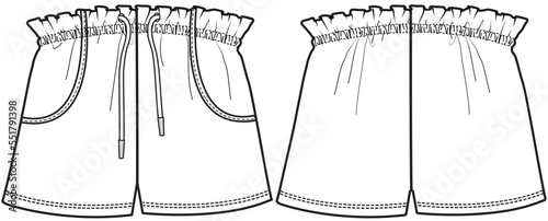 Drawstring waist short pant flat sketch vector illustration technical cad drawing template