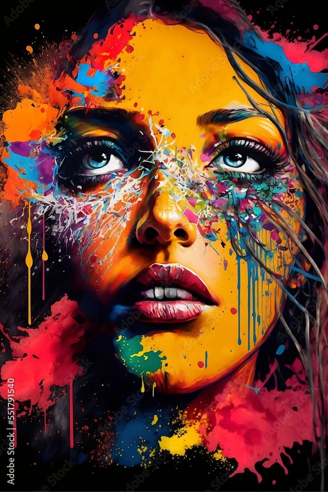 Close up of pensive and strong woman's face covered in rainbow paint , Generative AI, is not based on any original image, character or person