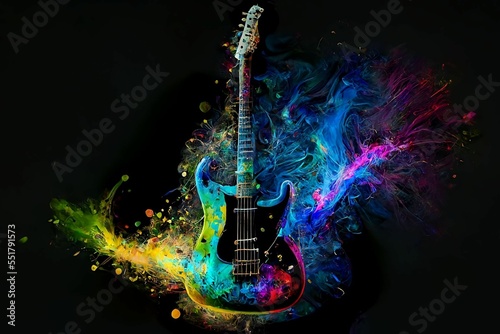 Fotografia, Obraz Electric guitar with rainbow paint energetic explosion, Generative AI, is not ba