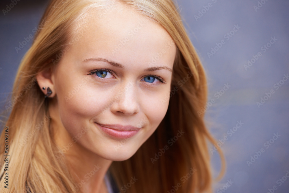Beauty, happiness and portrait of woman with smile for wellness, positive mindset and relaxing. Youth, cosmetics and face of young teenager from Ireland with healthy skin, blonde hair and blue eyes Beauty, happiness and portrait of woman with smile for wellness, positive mindset and relaxing. Youth, cosmetics and face of young teenager from Ireland with healthy skin, blonde hair and blue eyes
